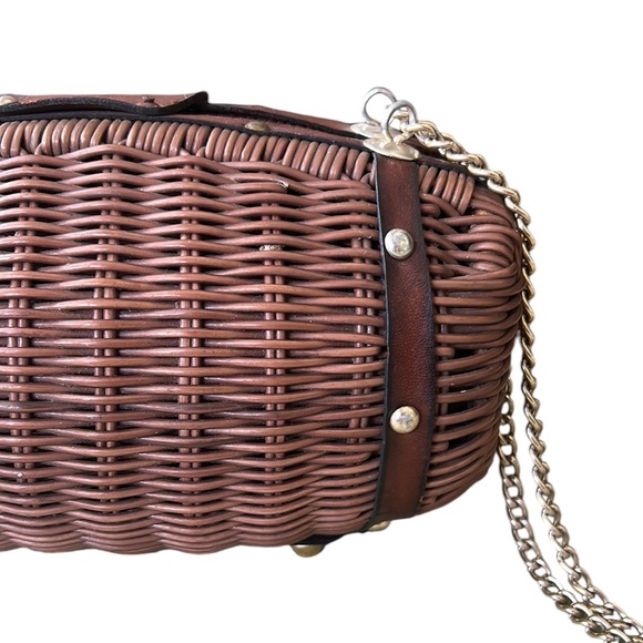 Vintage Brown Wicker Leather Silver Double Chain Strap Barrel Shaped Bag Clutch - Picture 5 of 13